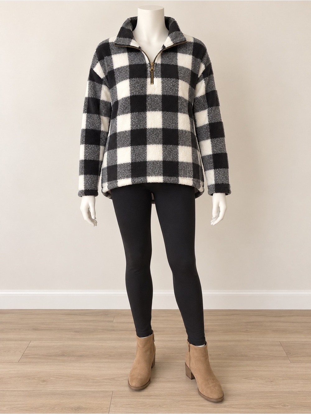 Old Navy Black and White Plaid Fleece Sweater